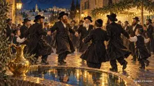 שמחת בית השואבה חסידית בירושלים ציור שמן שמח