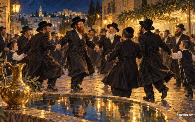 שמחת בית השואבה חסידית בירושלים ציור שמן שמח